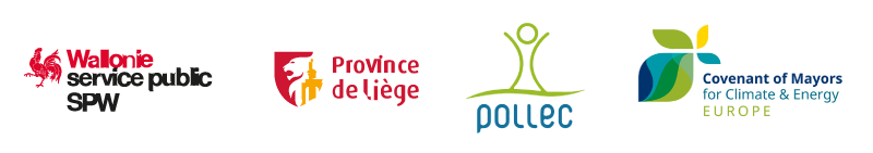 Logos des partenaires : Wallonie service public SPW, Province de Liège, Pollec et Covenant of Mayors for Climate & Energy EUROPE.